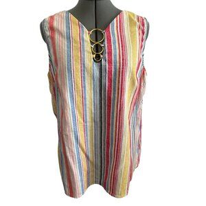 Chloe+Rene Sleeveless Striped V-Neck Top Gold Ring Detail Linen Blend Size L